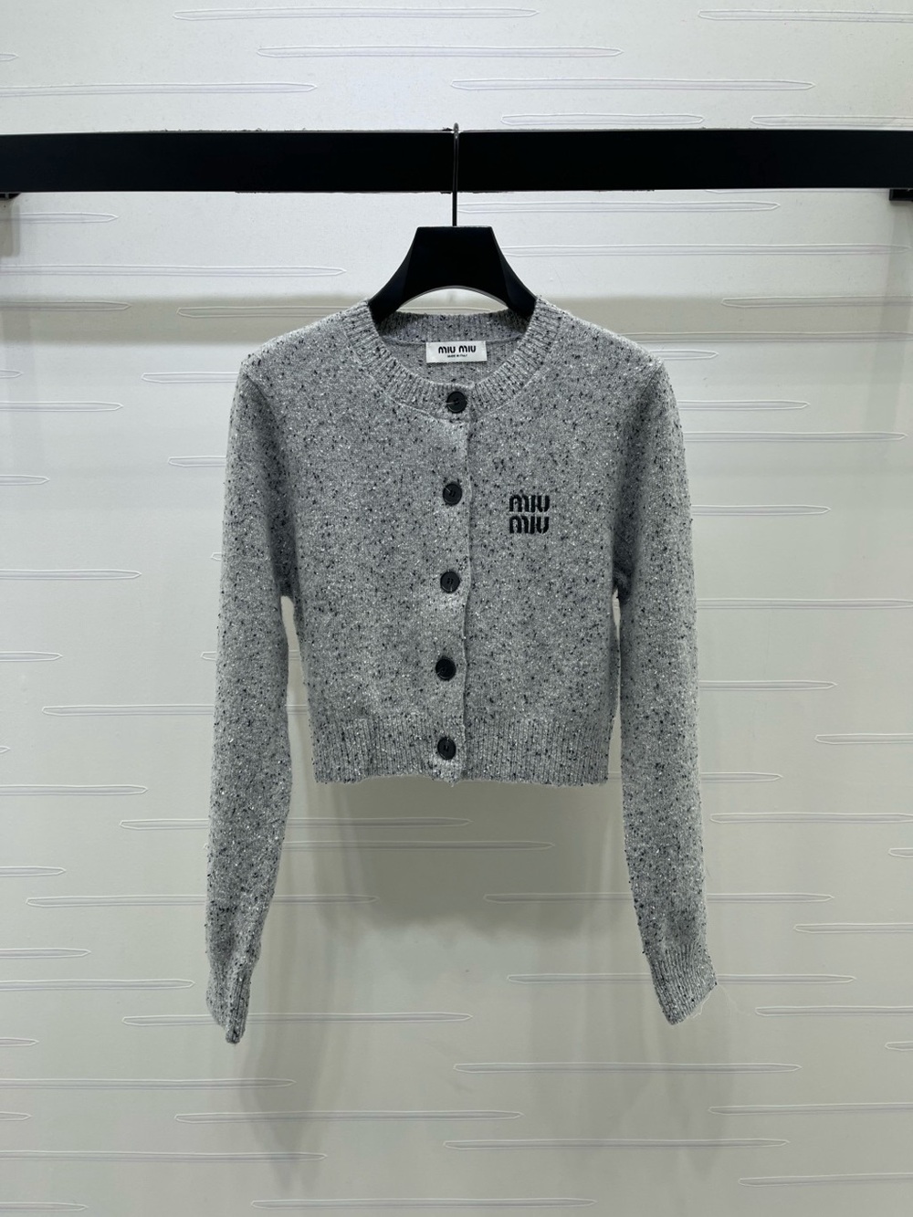 Miu Miu Speckled Light Gray Cropped Button Cardigan